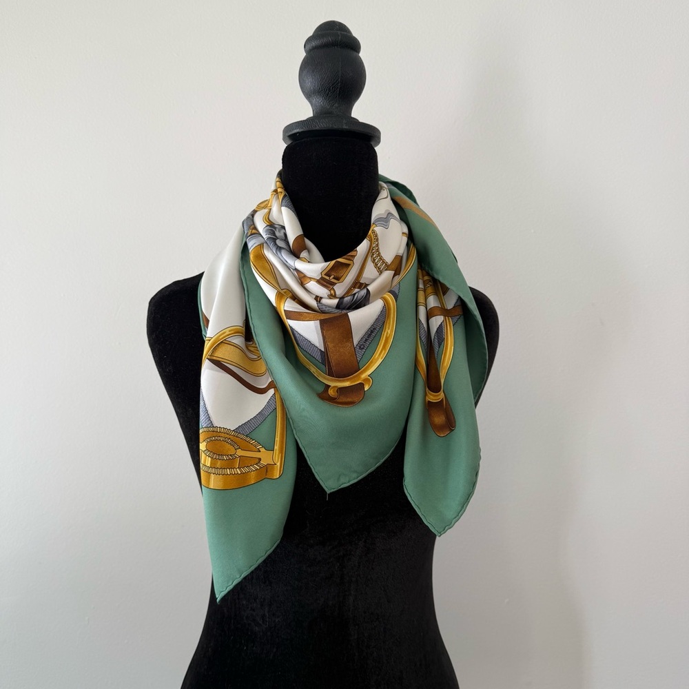 Hermes Silk Scarf with Gold Tack & Green Border - Picture 10 of 12